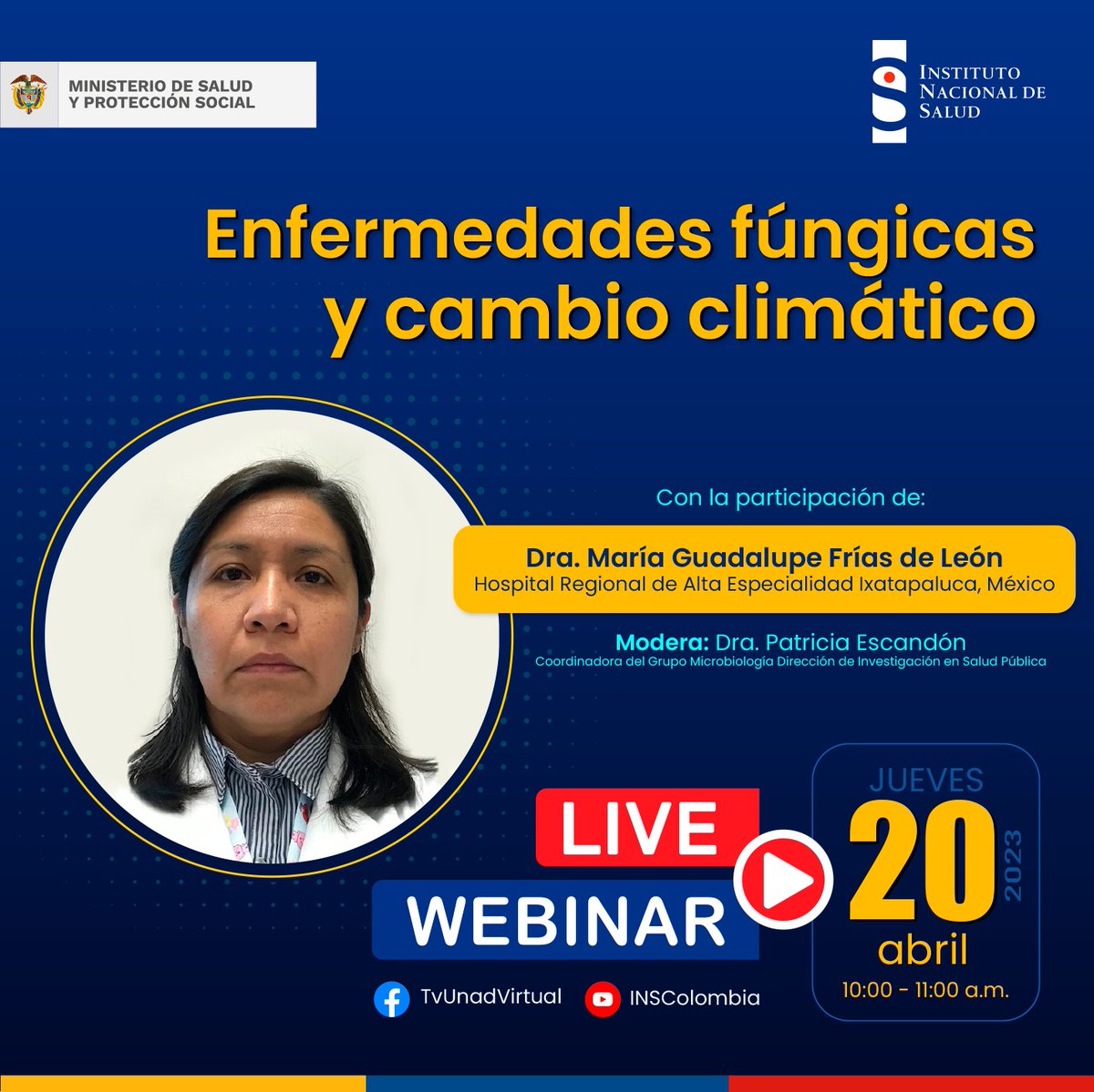 INSColombia's tweet photo. Los invitamos a conectarse a este #WebinarINS para conocer la relación entre las enfermedades🤒 producidas por hongos 🍄y su relación con el cambio climático. ⛈️
#INSENVivo
Enlace de conexión: https://t.co/ppxT6Ewb9G https://t.co/25c0gK8CXL