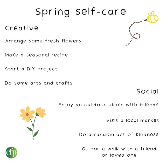 Centre4Psych's tweet image. Try using the fresh new life of Spring as inspiration for creative  activities or to get out and about with those you care about.  Sometimes it's the little things that have the most impact.🌻  #springselfcare #getcreative #socialselfcare  #selfcarematters #selfcaresunday