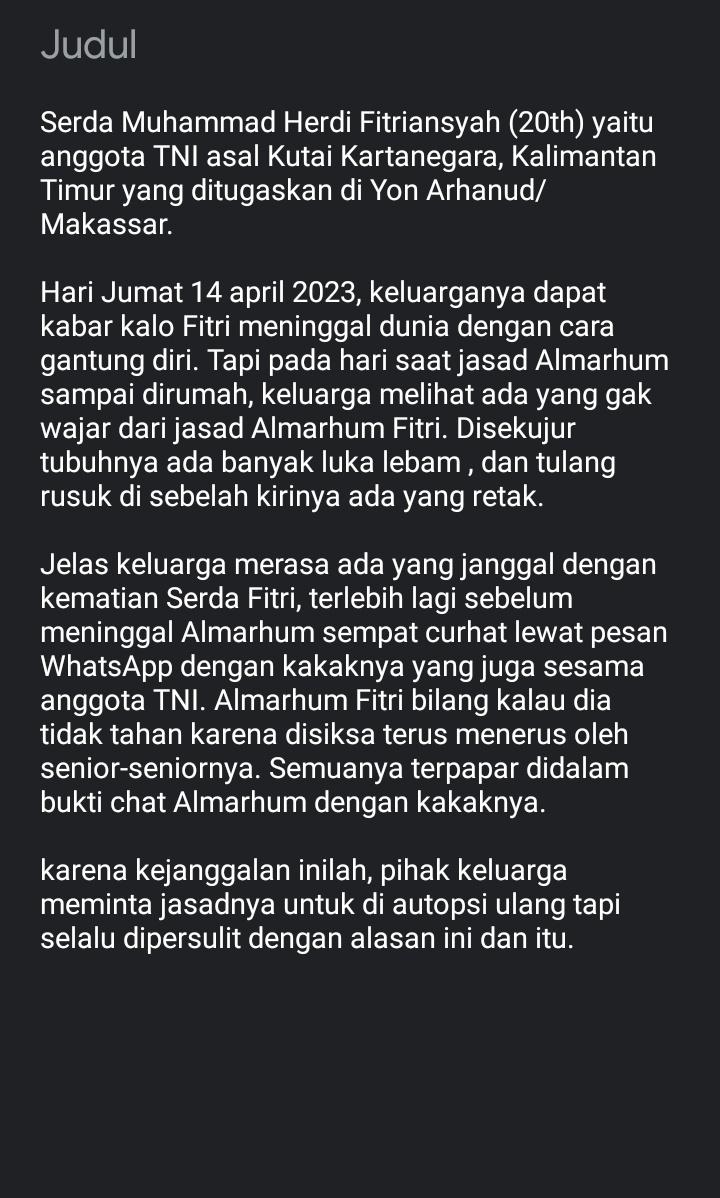 piiwwiiittt's tweet photo. Teman teman tolong 🙏🏻🙏🏻🙏🏻
bantu up nya untuk kasus Serda Fitriansyah. Saat ini lagi proses mengajukan autopsi ulang. Semoga ada titik terang dan keadilan sesuai harapan keluarganya. https://t.co/TExC9FkQw2