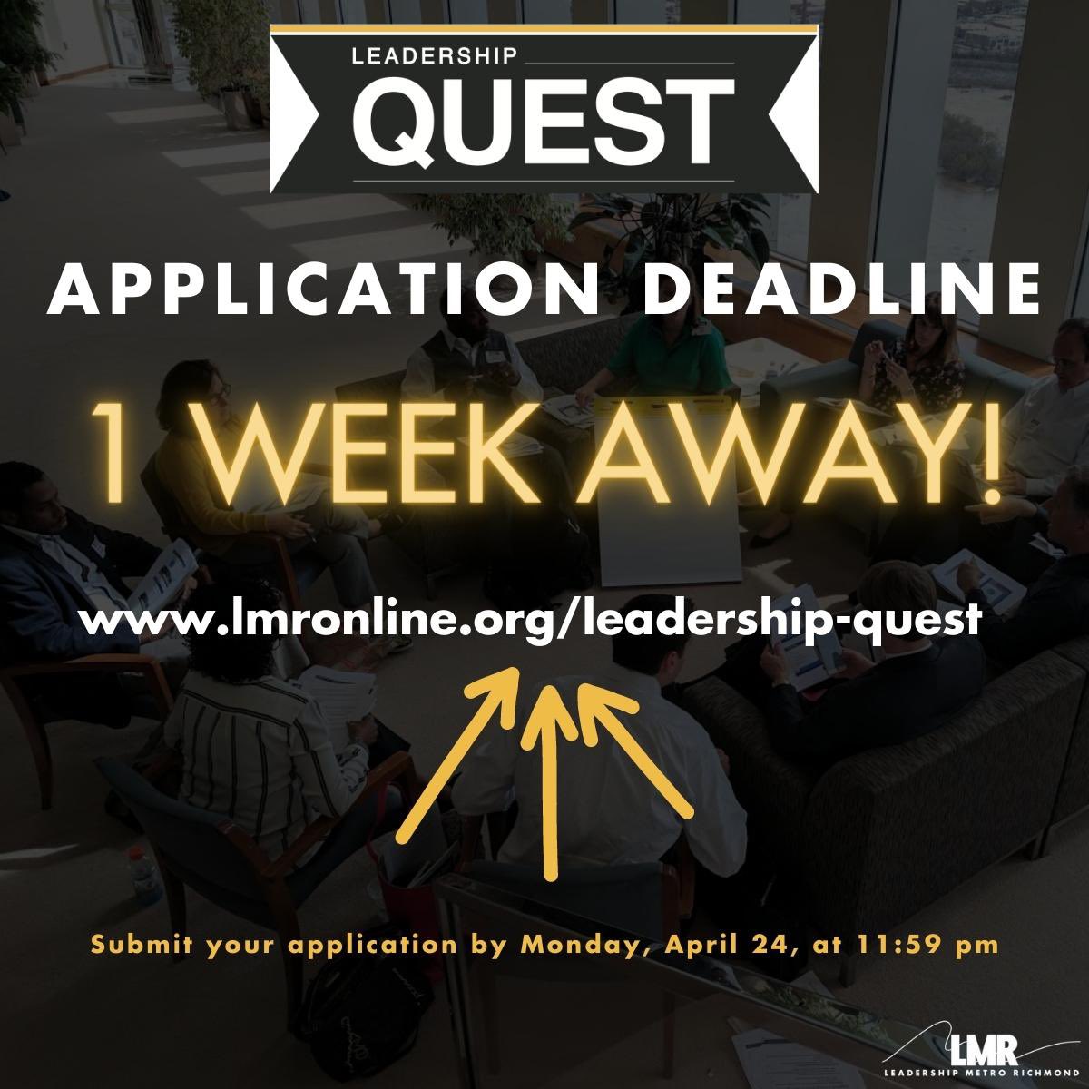 You have 1 week to apply for our 10-month community leadership development program, Leadership Quest! The application deadline is April 24, at 11:59 pm! Don’t miss out on the chance to take part in this one-of-a-kind opportunity. Visit lmronline.org/leadership-que… to apply today!