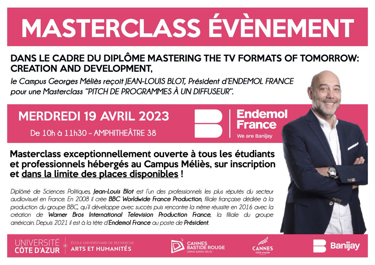 Ecole Universitaire de Recherche CREATES (@eurcreates) on Twitter photo Masterclass <a href="/BanijayFrance/">Banijay France</a>
De Jean-Louis Blot, président d’<a href="/Endemol_France/">Endemol France</a>
Dans le cadre du diplôme universitaire Mastering the TV Formats of Tomorrow : Creation and Development
🎟Sur inscription : docs.google.com/forms/d/e/1FAI…
<a href="/Univ_CotedAzur/">Université Côte d'Azur</a> <a href="/CBastideRouge/">Cannes Bastide Rouge</a> <a href="/villecannes/">Cannes</a> <a href="/comagglo/">Communauté d'Agglomération du Pays de Grasse</a> Masterclass <a href="/BanijayFrance/">Banijay France</a>
De Jean-Louis Blot, président d’<a href="/Endemol_France/">Endemol France</a>
Dans le cadre du diplôme universitaire Mastering the TV Formats of Tomorrow : Creation and Development
🎟Sur inscription : docs.google.com/forms/d/e/1FAI…
<a href="/Univ_CotedAzur/">Université Côte d'Azur</a> <a href="/CBastideRouge/">Cannes Bastide Rouge</a> <a href="/villecannes/">Cannes</a> <a href="/comagglo/">Communauté d'Agglomération du Pays de Grasse</a>