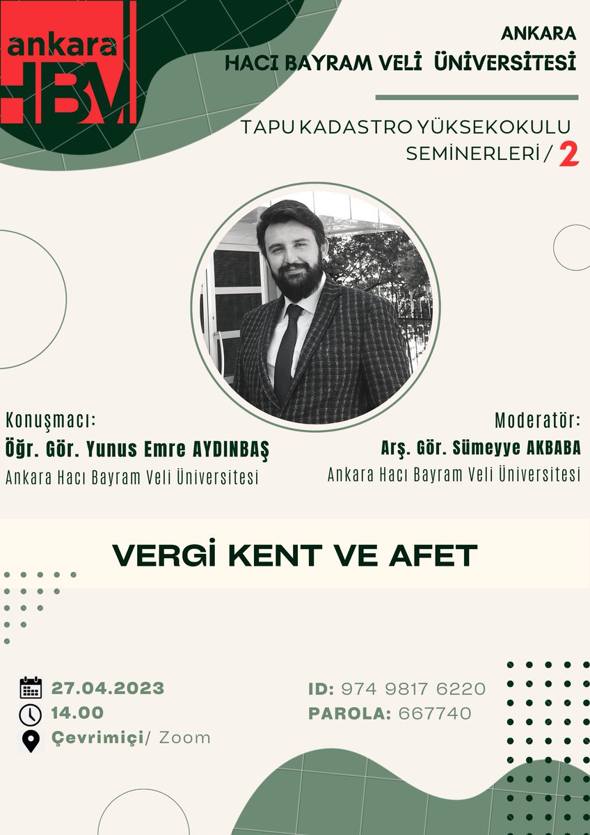 Tapu kadastro seminer serisinin ikinci seminerinde buluşuyoruz! Uzman bir ekonomistten <a href="/ynsemreaydinbas/">Yunus Emre Aydınbaş</a> "Vergi, Kent ve Afet" dinliyoruz.
<a href="/enderguler06/">Prof.Dr.Ender GÜLER</a> <a href="/szafersahin/">Savaş Zafer Şahin</a> @aybukebcyalcin <a href="/hacibayramedutr/">Ankara Hacı Bayram Veli Üniversitesi</a> @Ahbvu_tkyo <a href="/tkgmgovtr/">Tapu ve Kadastro</a> <a href="/csbgovtr/">T.C. Çevre, Şehircilik ve İklim Dğş. Bakanlığı</a>
#Earthquake #urbanism