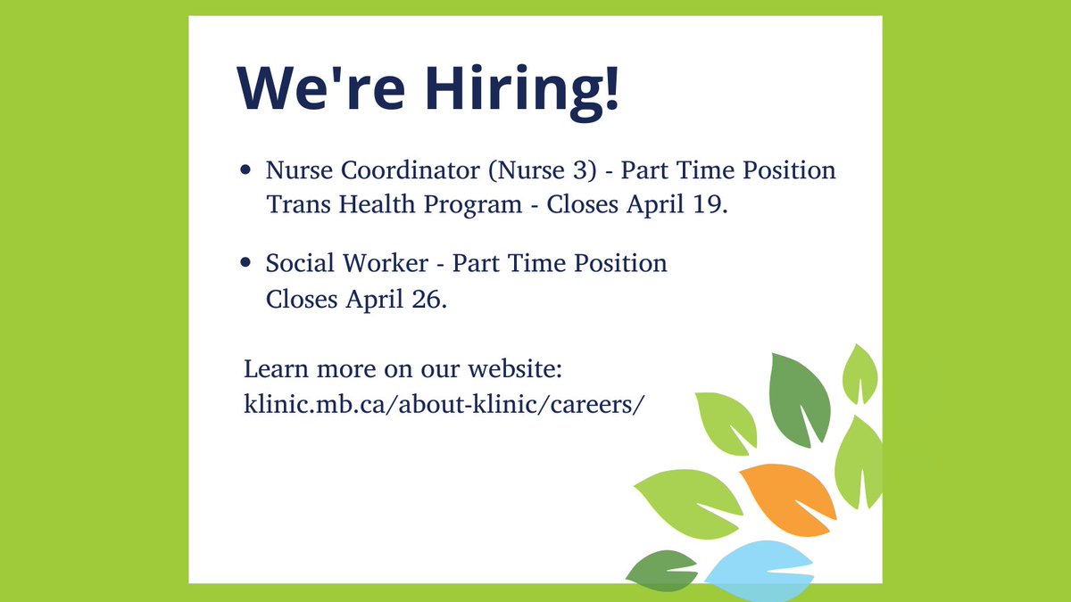 If you want to join a team dedicated to person-centred community care, Klinic is hiring! Apply today! Visit our website for more info: klinic.mb.ca/about-klinic/c…

#WinnipegJobs #WinnipegLocal #Manitoba #KlinicCommunityHealth