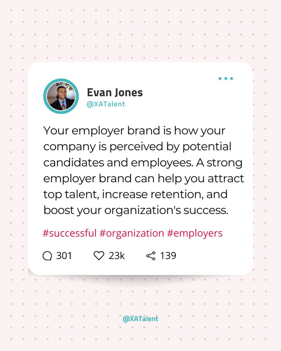 👉 Your employer brand is how your company is perceived by potential candidates and employees. A strong employer brand can help you attract top talent, increase retention, and boost your organization's success. 

#EmployerBrand #HRsuccess