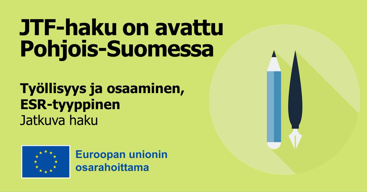 POPELYkeskus's tweet photo. JTF-rahoitushaku on avattu työllisyyteen ja osaamiseen liittyviin ESR-tyyppisiin hankkeisiin Pohjois-Suomessa https://t.co/WgQdDwzlIn

@POPELYkeskus @Lapin_ELY @KainuunELY @Rakennerahastot 
#EUrahoituspohjoisessa #JTF https://t.co/S5g8ZOJDQY