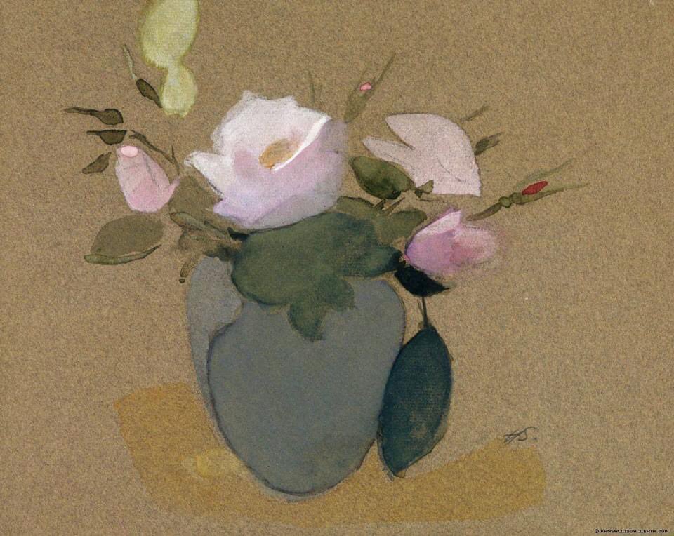 Helene Schjerfbeck (Finnish,1862-1946) - Roses in a Blue-Green Vase　1942　(watercolour on paper )　Suomen Kansallisgalleria, Helsinki, Finland