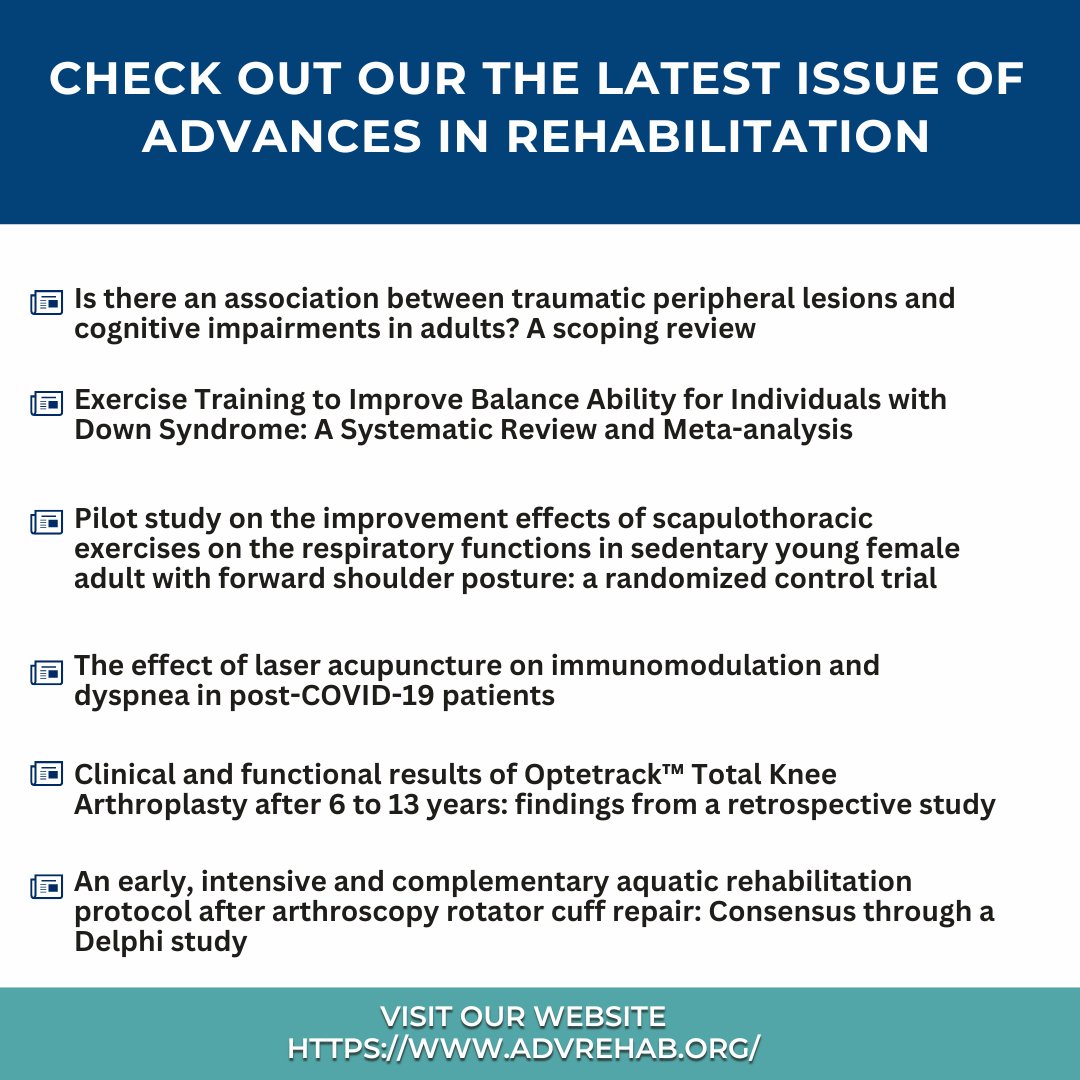 AdvReha's tweet photo. 🆕We have for you the 1⃣ issue of Advances in Rehabilitation this year. Check out the latest articles and share the post.
https://t.co/o8g1SPZr0H
#OpenAccess https://t.co/Tb5rknJfWH