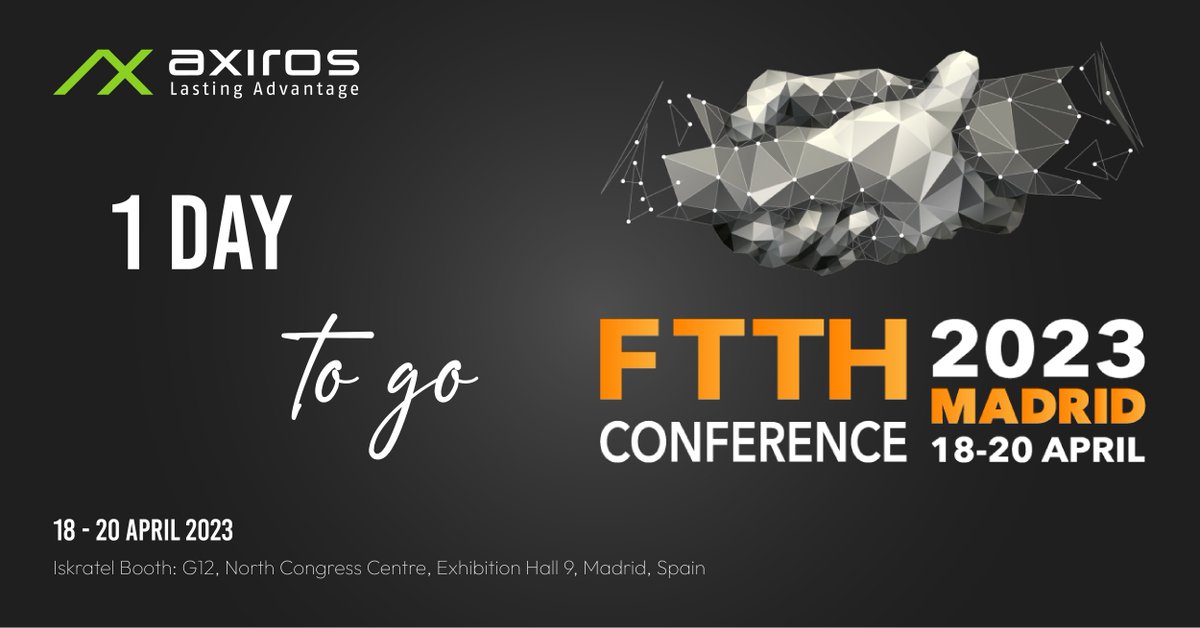 axiros1's tweet image. [Axiros Events] FTTH Conference - Madrid, Spain

 🗓 18 - 20 April
📍 Madrid, Spain
👉 Stand G12

#Fibre #FTTHConference #WiFiOptimization, #USP, #TR069, #TR369, #TechEvents