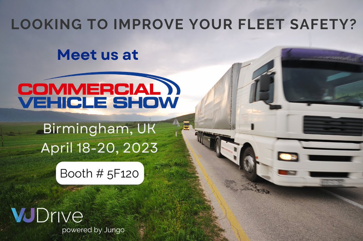 Meet Jungo at the Commercial Vehicle Show on April 18-20.
VuDrive is revolutionizing #fleetsafety with its distinctive #AI accident prevention system, designed to reduce accidents by alerting the driver in real-time about safety hazards, eg distractions, phone use, or drowsiness.