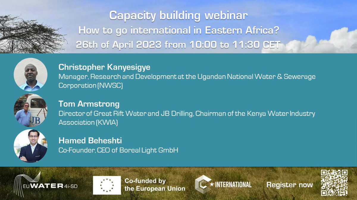 Already registered?⏰Our #webinar on #internationalisation in #Eastern #Africa will take place on April 26th from 10 to 11:30 CET🌍
Register here to learn more about current #topics and #needs in the Eastern African #water #sector👉us06web.zoom.us/webinar/regist…