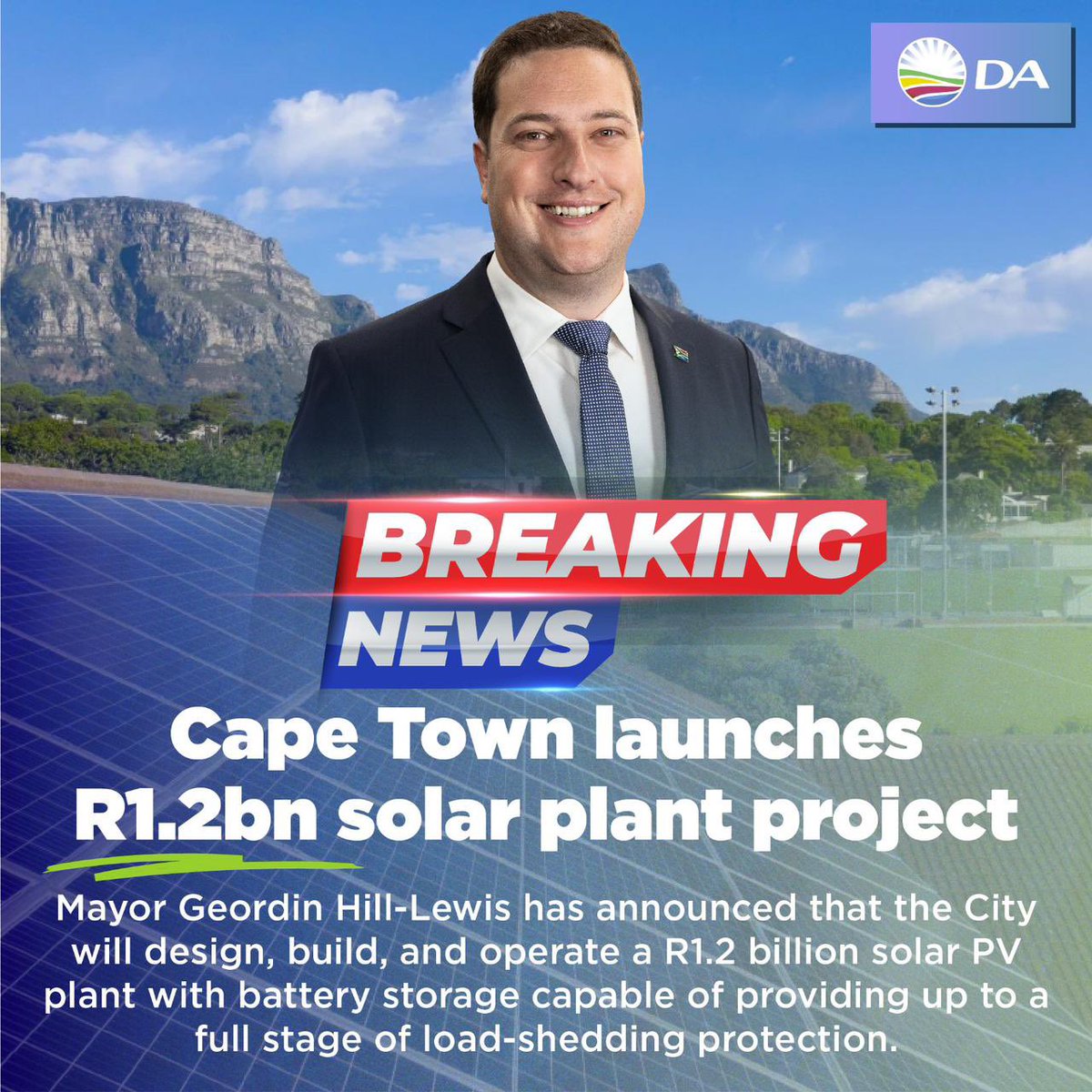 The DA-led Cape Town has launched a R1.2bn solar PV plant with battery storage capable of generating load-shedding protection. Cape Town will be the first metro to implement an initiative to protect the economy from power outages and ensure a green energy transition. 

#DAatWork