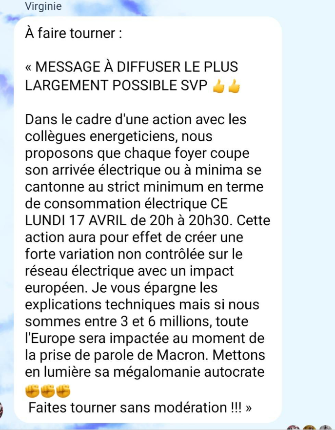 AlertesInfos's tweet image. 🚨🇫🇷FLASH - Des opposants à la réforme des retraites appellent à couper leur électricité quand Emmanuel #Macron tiendra son allocution télévisée ce soir à 20h. (groupe Télégram)

👉 Ils affirment que toute l'Europe sera "impactée" si entre 3 et 6 millions de personnes le font.