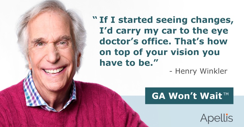 ApellisPharma's tweet photo. 📢 Big news! Now introducing – the GA Won’t Wait™ campaign. We’ve teamed up with acclaimed actor Henry Winkler to raise awareness of #GeographicAtrophy (GA) and what to do if you are over 60 and notice changes in vision.