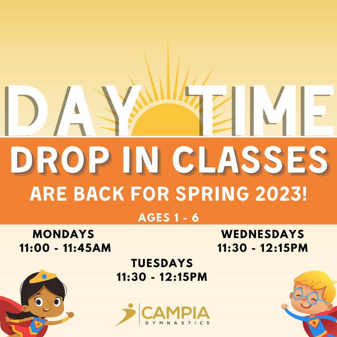 Come join us for drop in classes this Spring at Campia! ⭐️

Our drop in classes are open to age 1-6 accompanied by an adult. Sessions are 45 minutes offered Mondays, Tuesdays and Wednesdays! 

To register visit campia.ca  🔗
