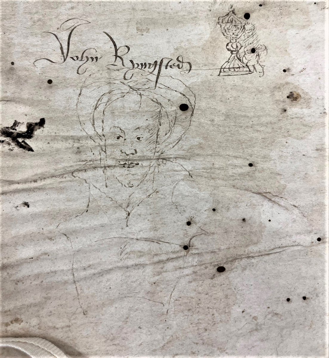 Any #Tudor #FashionHistory experts out there able to solve this #ArchiveMystery? This sketch was assumed to be John Rynsted (the name written above) but we think it may be a woman wearing a partlet and French hood. 
#Archive30 #twitterstorians