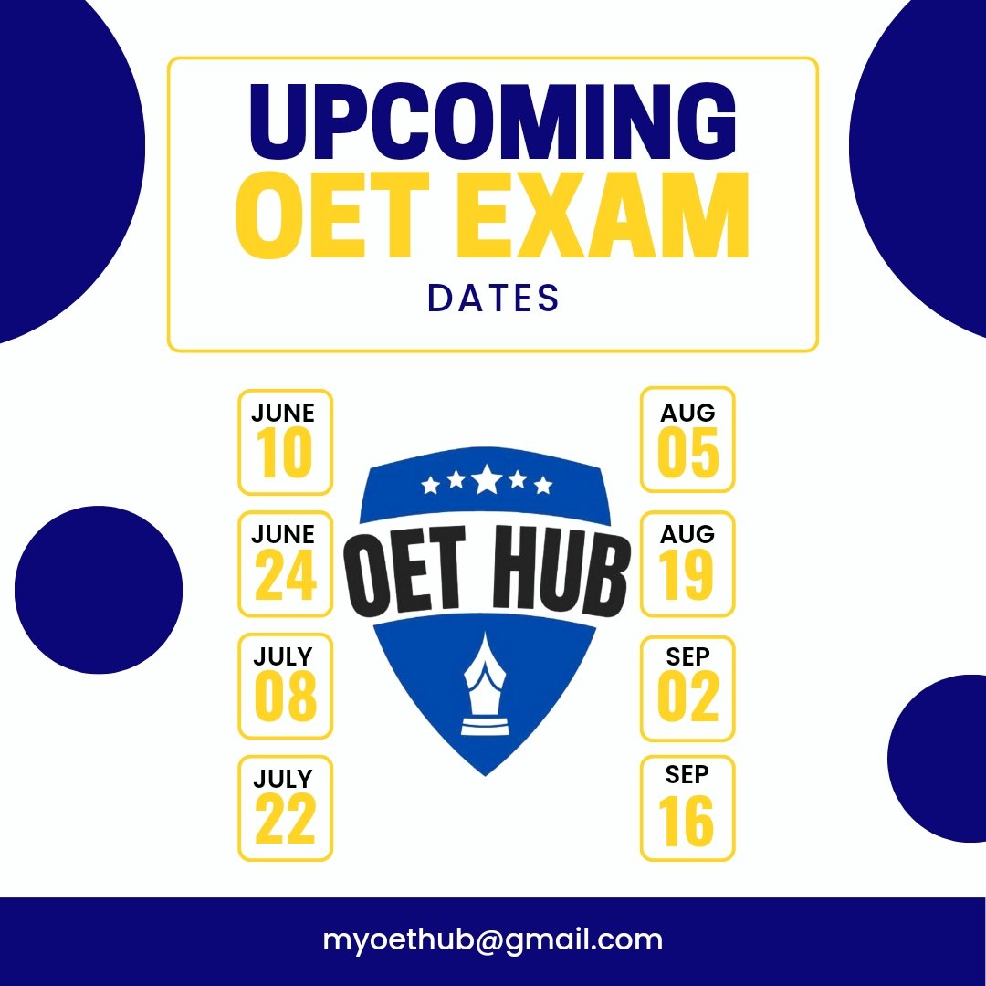 OetHub's tweet photo. Upcoming OET Exam Dates 2023.
#OET #OETHub #OETprep https://t.co/Un33Dk8Vs3
