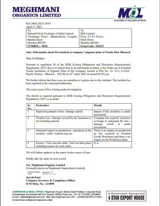 niveyshak's tweet image. #Meghmani Organics facepalm moment

Fire at their finished goods warehouse in Pigment Plant located at Bharuch. This comes after the company recemtly been presented with accreditation of "Responsible Care for Agro Division" by the "Indian Chemical Council", representing the (1/2)