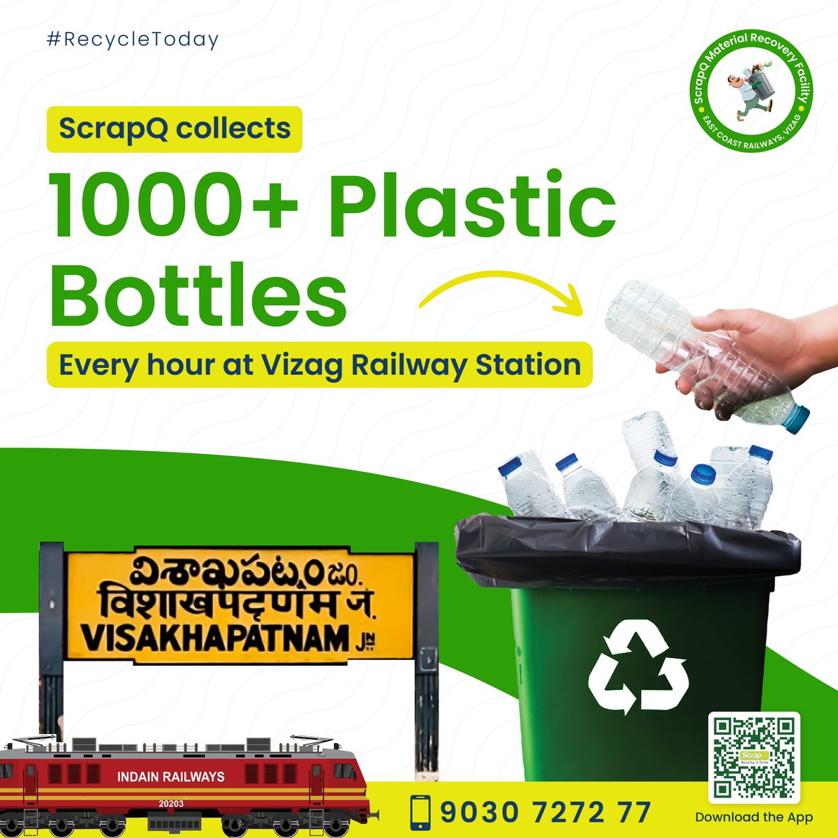 ScrapQ_recycle's tweet photo. Imagine the number of plastic bottles thrown out across India every day. Shockingly, only 30% of it gets recycled responsibly. 

#ScrapQ is paving tracks to sustainability at Vizag Railway Station through recycling. 

#ScrapQ #Recycling #Recycle #India #IndianRailways #Vizag https://t.co/x1mJELZRLC