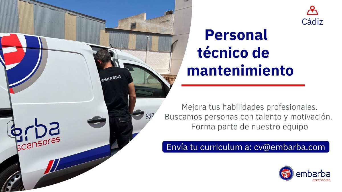 📍 #Empleo
¡Ampliamos equipo en diferentes ciudades! Si tienes experiencia como técnico/a de mantenimiento y buscas estabilidad laboral, envíanos tu curriculum a cv@embarba.com

➡️ Visita nuestra web para ver las todas las vacantes lnkd.in/df9vdrnS