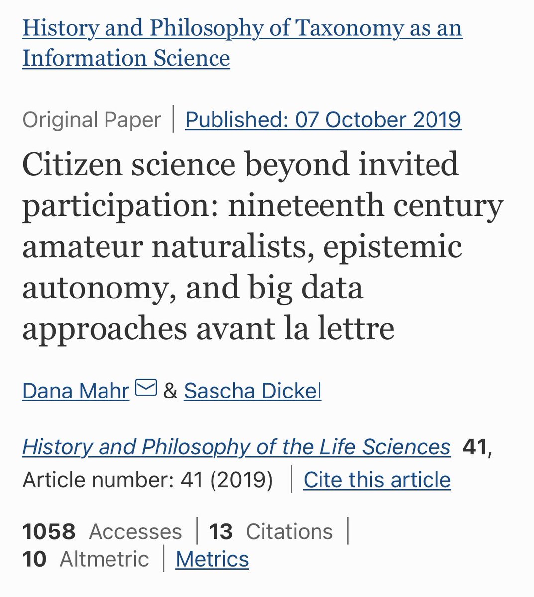 Dana Mahr (@sts_dach) on Twitter photo Dominant forms of contemporary big-data based digital #citizenscience do not question the institutional divide between qualified experts and lay-persons. In this paper for <a href="/HPLSjournal/">History and Philosophy of the Life Sciences</a>, we turn to a historical case study to explore a more autonomous mode for citizen science. 👇 Dominant forms of contemporary big-data based digital #citizenscience do not question the institutional divide between qualified experts and lay-persons. In this paper for <a href="/HPLSjournal/">History and Philosophy of the Life Sciences</a>, we turn to a historical case study to explore a more autonomous mode for citizen science. 👇