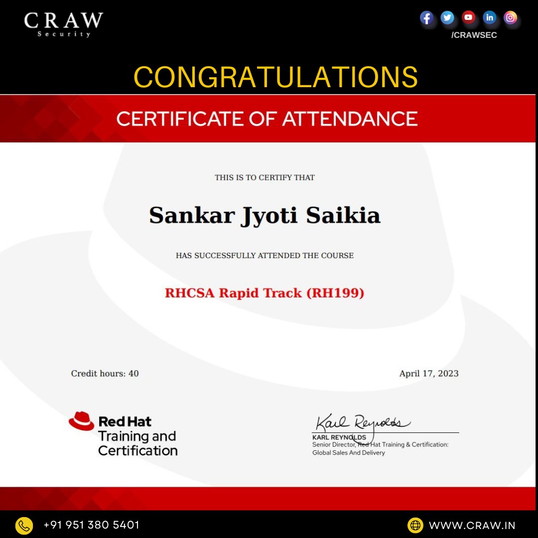 crawsec's tweet photo. "Congratulations to all the aspiring cybersecurity professionals who have successfully completed the Red Hat RHCSA Rapid Track (RH199) course with Craw Cyber Security! Your dedication and hard work are truly admirable." #RedHat #Rhcsa #Crawsec https://t.co/LbdVwSJzB4