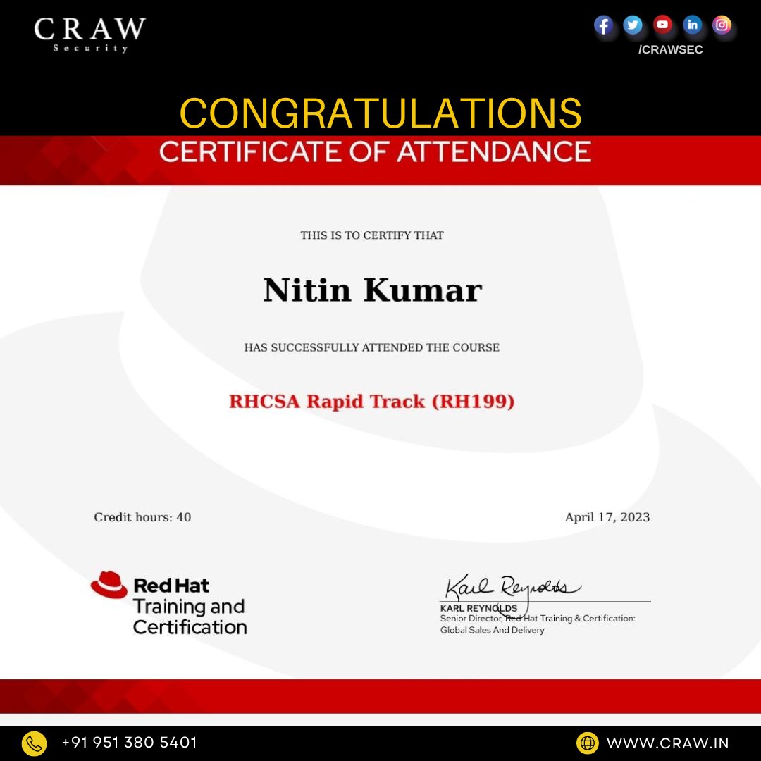 crawsec's tweet photo. "Congratulations to all the aspiring cybersecurity professionals who have successfully completed the Red Hat RHCSA Rapid Track (RH199) course with Craw Cyber Security! Your dedication and hard work are truly admirable." #RedHat #Rhcsa #Crawsec https://t.co/LbdVwSJzB4