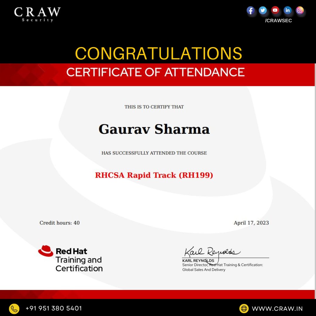 crawsec's tweet photo. "Congratulations to all the aspiring cybersecurity professionals who have successfully completed the Red Hat RHCSA Rapid Track (RH199) course with Craw Cyber Security! Your dedication and hard work are truly admirable." #RedHat #Rhcsa #Crawsec https://t.co/LbdVwSJzB4
