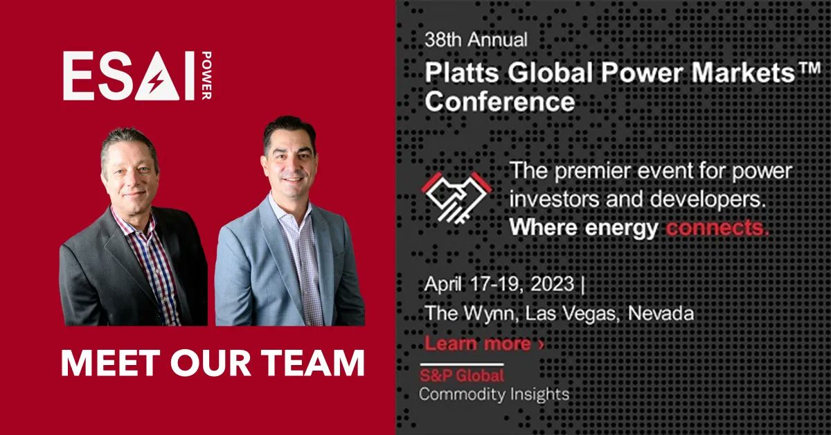 Are you at the Platts Global Power Markets Conference #SPGPM in Las Vegas this week? 

Schedule a meeting with our Tom Bausemer @tbausESAIPower & Brian Doyle @BD_ESAIPower to about our #wholesalepower market research reports. @SPGCIPower 

Please visit: buff.ly/3MwbfyZ