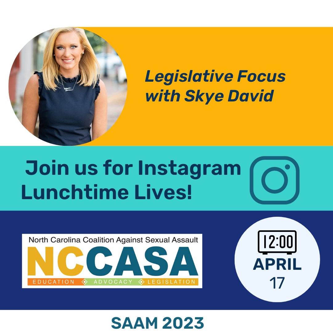Everybody loves Instagram Lunchtime Lives especially with our staff attorney Skye David!  Grab your lunch and go to our IG page at 12. See you there! 
#SAAM #SAAM2023 #policy #legislation #endsexualviolence #TitleIX  #believesurvivors #supportsurvivors #rapecrisis #nccasa