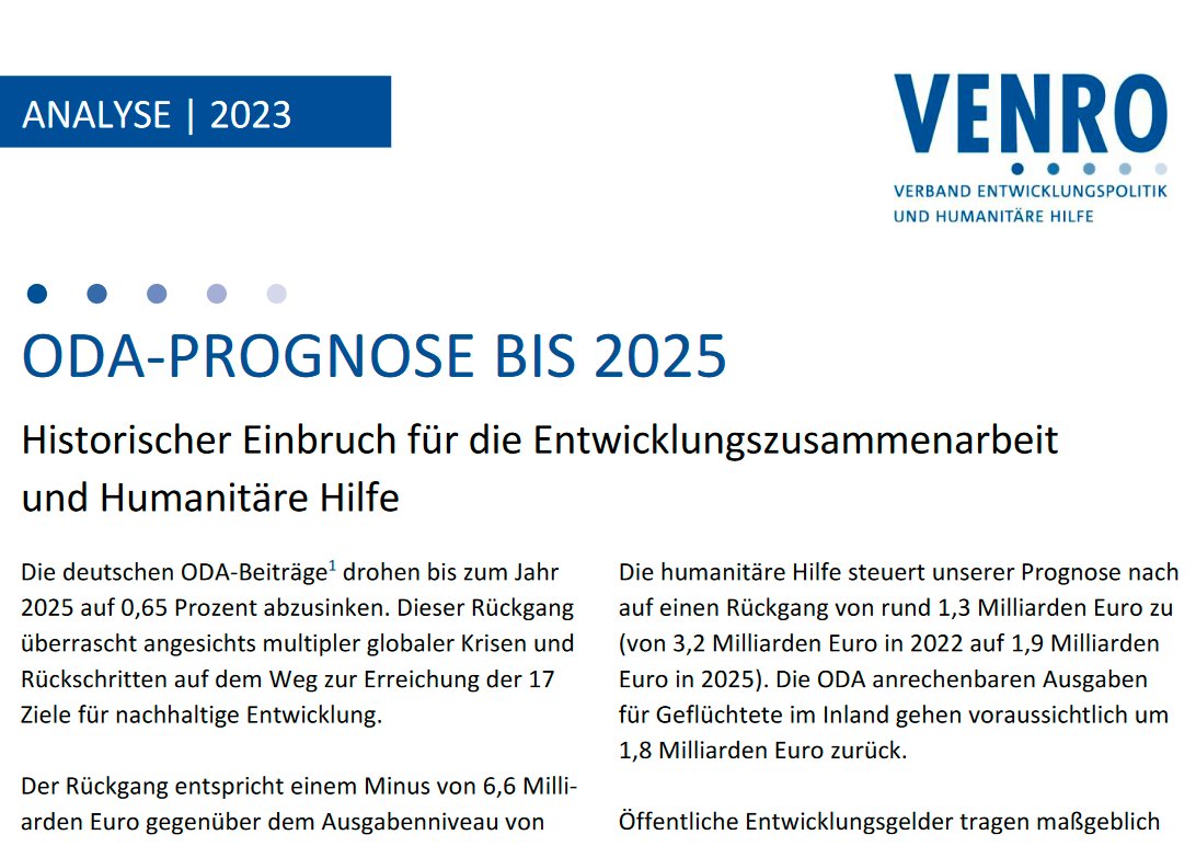 Schlechte Aussichten für die deutsche Entwicklungsfinanzierung. Unsere #ODA-Analyse zeigt: Für die EZ und Humanitäre Hilfe droht ein historischer Einbruch. Da muss sich etwas ändern, @BMF_Bund, @BMZ_Bund. Vielen Dank für die gute Analyse an @cpcEU. venro.org/publikationen/…