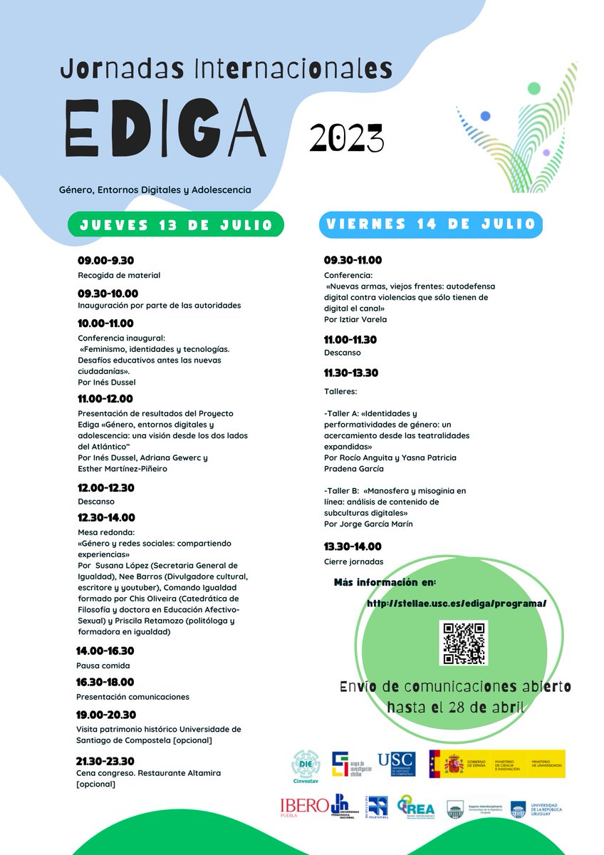 GrupoStellae's tweet photo. Queda menos para las Jornadas Internacionales EDIGA, que serán el 13 y 14 de Julio.
Abordaremos como temas ejes el género, los entornos digitales y la adolescencia.
Os recordamos que podéis enviar una comunicación hasta el 28 de abril.
Más info https://t.co/CSEIt0RzAO https://t.co/BlY00rlckn