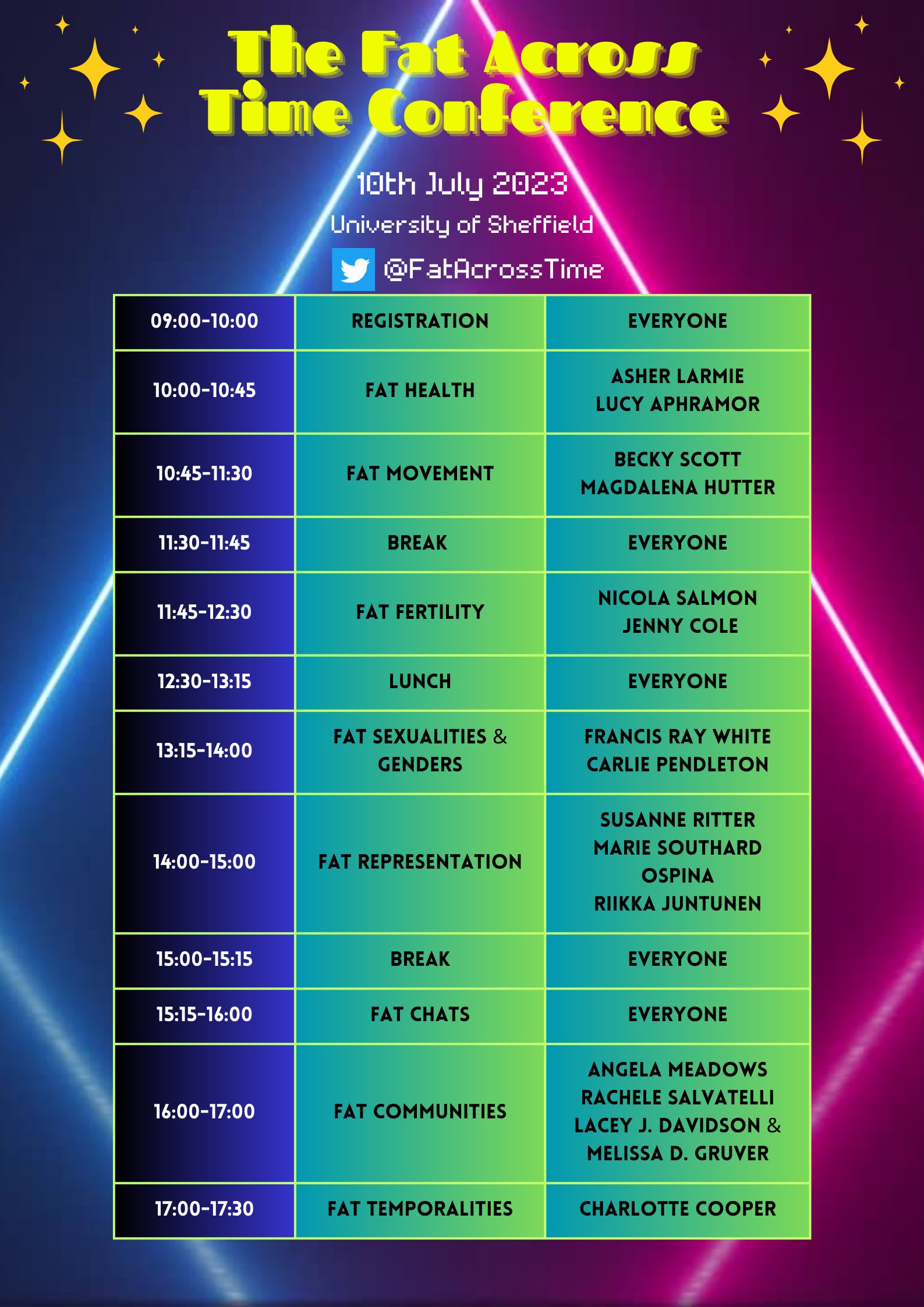 Panel schedule for the Fat Across Time Conference, 10th July 2023, University of Sheffield. The theme is neon 80's with blue and pink neon background, retro yellow title text, and green and blue grids for the panel info. 

09:00-10:00	Registration	Everyone
10:00-10:45	FAT HEALTH	"Asher Larmie Lucy Aphramor"
10:45-11:30	FAT MOVEMENT	Becky Scott Magdalena Hutter
11:30-11:45	Break 	EVERYONE
11:45-12:30	FAT FERTILITY	"Nicola Salmon
 Jenny Cole"
12:30-13:15	LUNCH	EVERYONE
13:15-14:00	FAT SEXUALITIES & GENDERS	"FRANCIS RAY WHITE
CARLIE PENDLETON"
14:00-15:00	FAT REPRESENTATION	"sUSANNE RITTER
MARIE SOUTHARD OSPINA
RIIKKA JUNTUNEN"
15:00-15:15	BREAK	EVERYONE
15:15-16:00	FAT CHATS	EVERYONE
16:00-17:00	FAT COMMUNITIES	"ANGELA MEADOWS
RACHELE SALVATELLI
LACEY j. dAVIDSON & MELISSA D. GRUVER"
17:00-17:30	FAT TEMPORALITIES	CHARLOTTE COOPER
