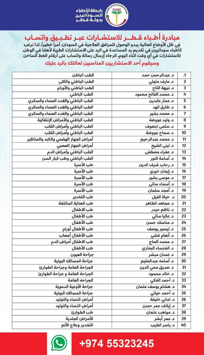 SudanTrend's tweet photo. مبادرة من رابطة الأطباء السودانيين بدولة قطر للاستشارات الطبية. 
وذلك عبر الوتساب في الرقم المرفق. https://t.co/mzXBuy2gWb