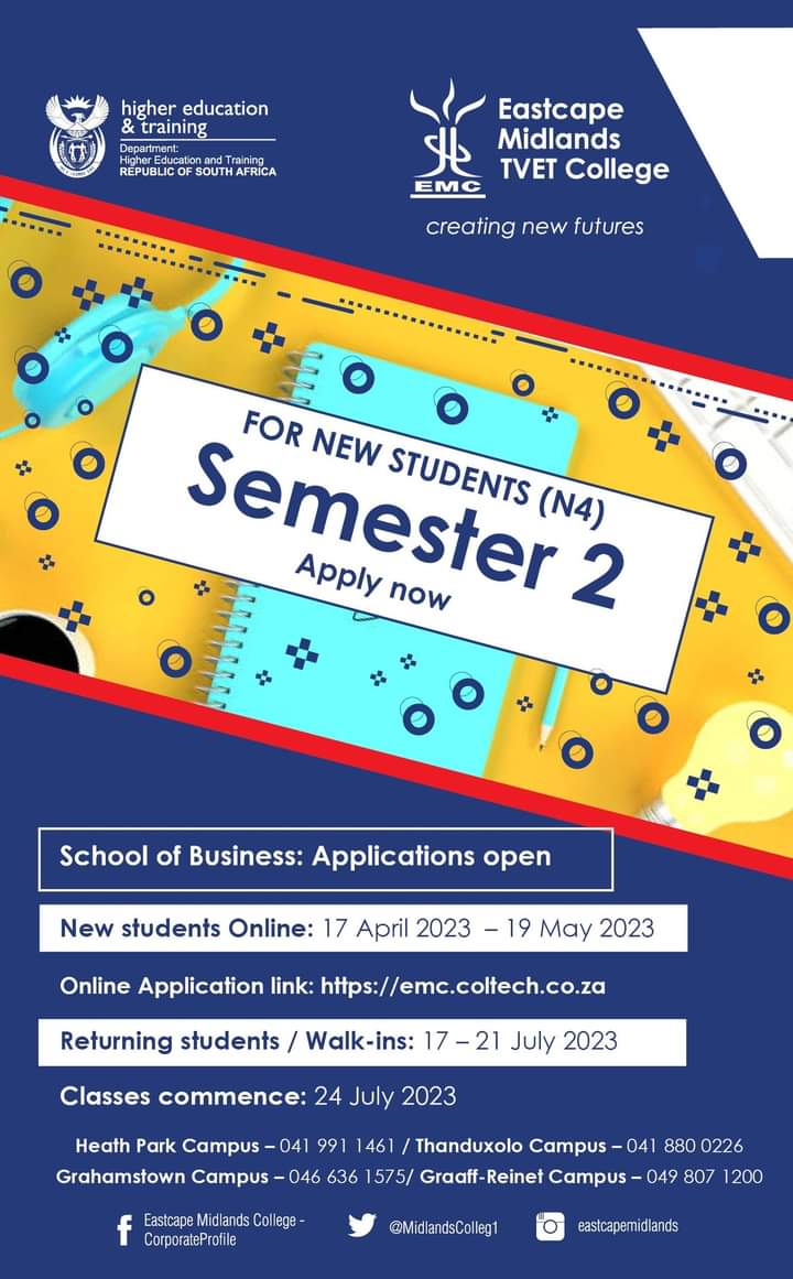 📢📢APPLY NOW  I  SEMESTER 2 💃💃 

Online Applications for Semester 2 Business Studies are now open for New Students❗️

Closing date: 
19 May 2023 

ADMISSION REQUIREMENTS
N4: 
Grade 12 (NSC) or NCV Level 4

Apply now link: emc.coltech.co.za

#ApplyNow #semester2