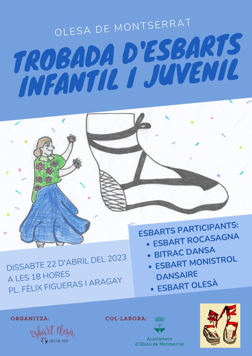 El proper dissabte 22 d'abril, tindrà lloc la Trobada d'Esbarts Infantils i Juvenils que cada any organitzem. 
Emplacem a tothom a les 18h de la tarda a la Pl. Fèlix Figueras i Aragay per veure l'espectacle de dansa que ens oferiran els més petits de la nostra entitat.
#SomDansa