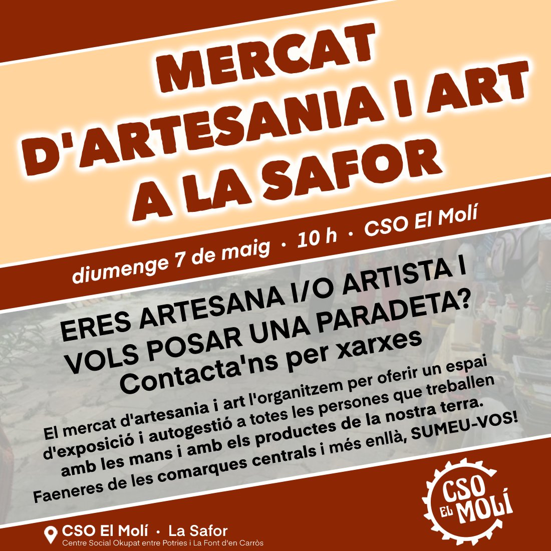 CSOMoli's tweet photo. 🌸Emprenem la primavera i el bon temps amb el primer mercat d'art i artesania del Molí.
📍Diumenge 7 de maig a partir de les 10 h.

📝Tant si vols muntar una paradeta, com si vols vindre a dinar, o les dos coses, inscriu-te al següent formulari: https://t.co/Lpz9kAkG4w https://t.co/qj3Cwc48Uq