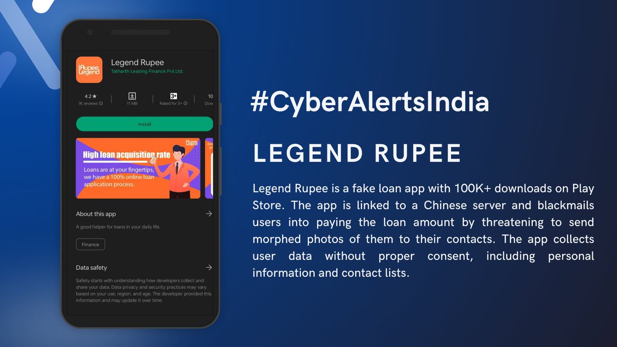 #FakeLoanApp Legend Rupee with 100K+ downloads on Play Store is linked to a Chinese server & blackmails users by threatening to send their morphed photos to contacts. The app collects user data without consent. #FakeApp #LoanScam #CyberCrime #RBI #ScamAlert