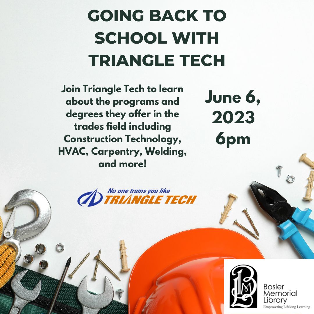 boslerlibrary's tweet image. Have you or someone you know ever considered a career in the trades or technologies field? Then join Triangle Tech representatives June 6 at 6:00pm at Bosler to learn about their programs offered and how you can benefit from them!
#Bosler #TradesandTech #TriangleTech