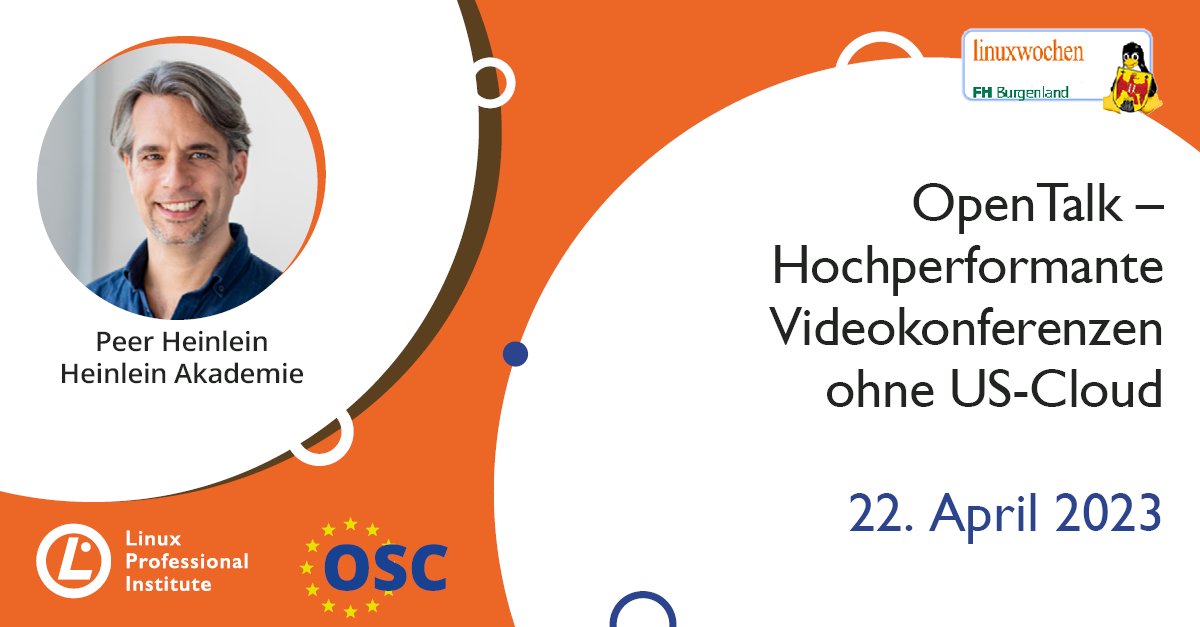 Linux Professional Institute Europe (@lpieurope) on Twitter photo In einem Online-Vortrag informiert Peer Heinlein auf den Linuxwochen Eisenstadt über die sichere Videokonferenz-Lösung <a href="/OpenTalkMeeting/">OpenTalk</a>, die von <a href="/heinleinsupport/">Heinlein Support</a> entwickelt wurde.
lpi.org/Z22
<a href="/linuxwochen/">Linuxwochen Wien</a> <a href="/LPIConnect/">Linux Professional Institute (LPI)</a> <a href="/LPI_CE/">OSC - LPI Channel Partner Europe</a> #opensource #Linux #opentalk In einem Online-Vortrag informiert Peer Heinlein auf den Linuxwochen Eisenstadt über die sichere Videokonferenz-Lösung <a href="/OpenTalkMeeting/">OpenTalk</a>, die von <a href="/heinleinsupport/">Heinlein Support</a> entwickelt wurde.
lpi.org/Z22
<a href="/linuxwochen/">Linuxwochen Wien</a> <a href="/LPIConnect/">Linux Professional Institute (LPI)</a> <a href="/LPI_CE/">OSC - LPI Channel Partner Europe</a> #opensource #Linux #opentalk
