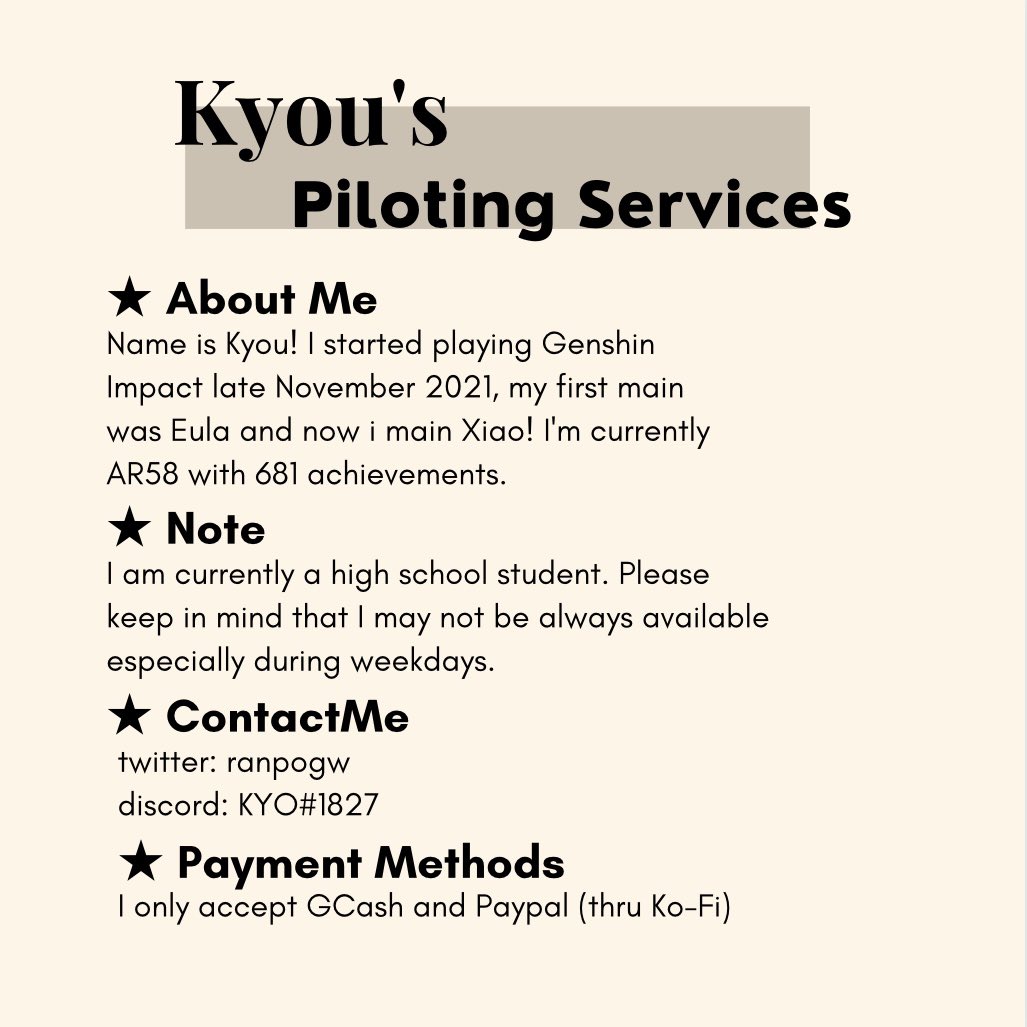ranpogw's tweet photo. hello travelers! my name is kyou and i’m doing pilot services for genshin impact :DD my rates are written on my carrd! dm me if interested 💕

https://t.co/5P8de7m5qN

rts &amp; likes are much appreciated! thank you!! 
#genshintwt #genshinpilot https://t.co/SiSzu6RT78