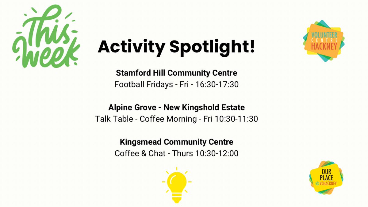 VCHackney's tweet photo. π #whatshot at #ourplace sites this week! π₯
π Football Fridays are back on the #stamfordhill estate! β½οΈ
π Coffee & Chat Mornings at our #alpinegrove & #kingsmead hubs! βοΈ
π Fancy joining in or #volunteering? Check out our Linktree for all the info! (Link in bio)π²
#vch https://t.co/7j6goejf8e