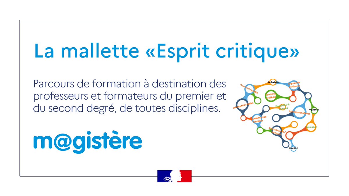 Eduscol's tweet image. 👁 À découvrir sur m@gistère : un parcours pour développer l'#EspritCritique des élèves dans le cadre de ses enseignements et de l'#ÉducMédiasInfo

La mallette fournit des bases cognitives, repères pédagogiques &amp;amp; didactiques et exemples d'activités💡swll.to/JKL3R