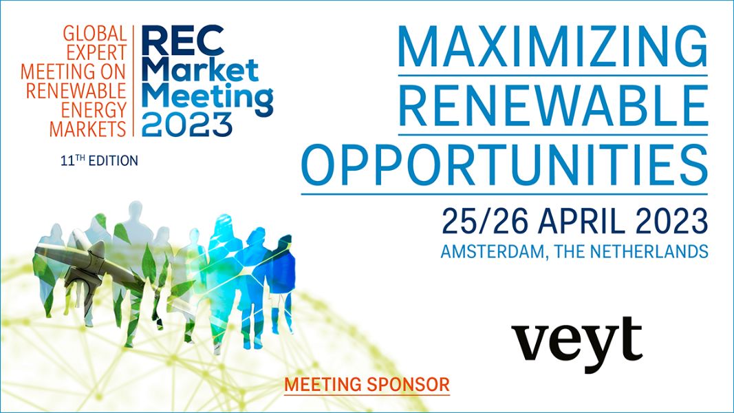 We are excited to have Veyt as a Meeting Sponsor for the REC Market Meeting 2023. We are looking forward to working with Veyt in organising a successful event. 

Visit here, veyt.com, for more information on Veyt.