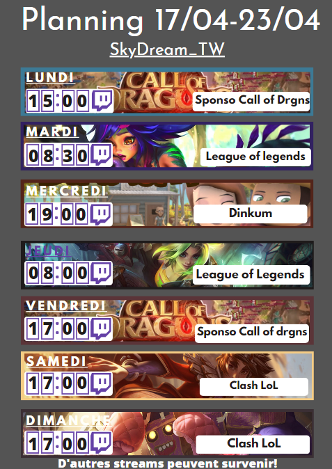 SkyDream0809's tweet photo. #Planning de #Stream de la semaine, aujourd'hui et vendredi du Call of Dragons pour une #sponsored, et comme d'hab du #Leagueoflegends et du #Dinkum!
La #SkyCorp vous souhaite une bonne semaine! #Live #twitch #petitstreamer https://t.co/rjyjD15RT6