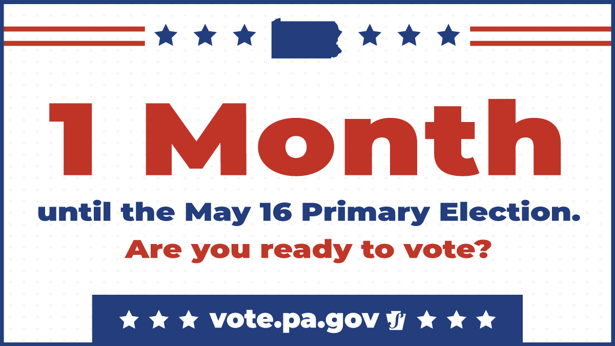We are one month away from the 2023 #PAPrimary. Are you registered to vote? Is your registration up to date? Have you applied for a mail ballot if you prefer to vote that way? Do you know where your polling place is? Get #ReadyToVotePA at vote.pa.gov.