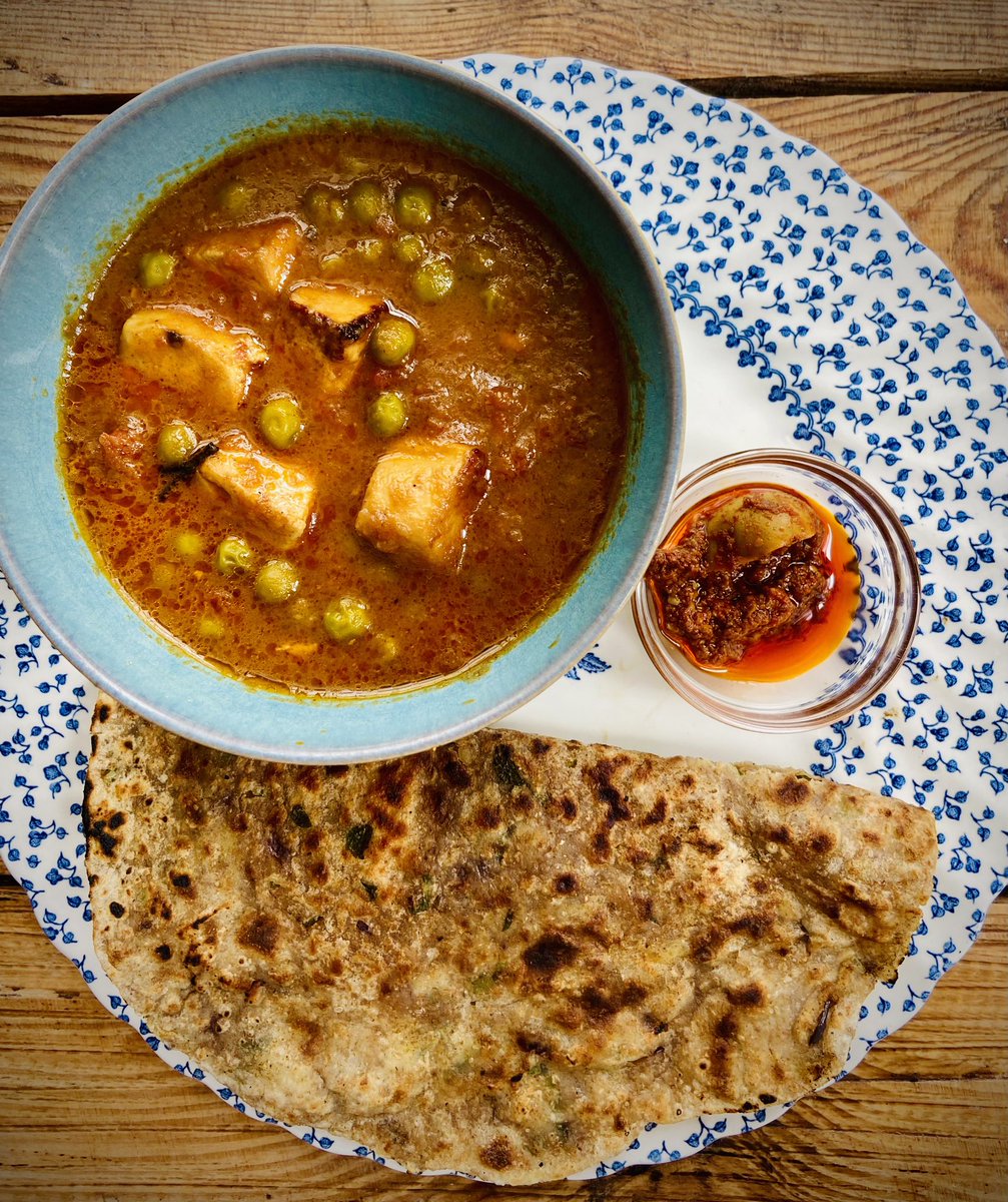 Matar Paneer and Aloo Parantha with pickle - this is what the vegetarians ate at my supper club last Saturday. Enjoyed the leftovers the next day! #maharanisupperclub #matarpaneer #alooparatha #parantha #indianvegetarian #paneer #homechef