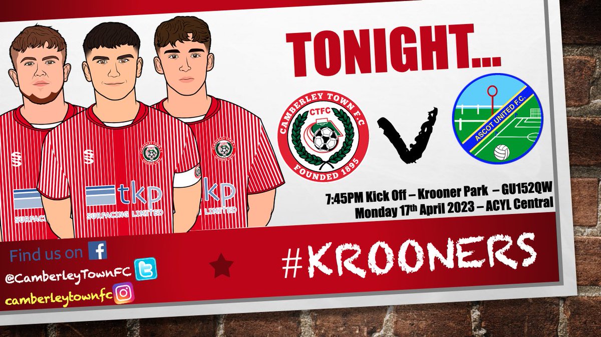 Game day!!

Tonight we are at home to Ascot in the League 🔴⚪️⚽️

🏅 <a href="/ACYFLofficial/">Allied Counties Youth League</a> 
🆚️ <a href="/AscotUnitedFC/">Ascot United FC</a> 
📆 Monday 14 April 
🕒 7:45PM
🏟 Krooner Park
📍 GU152QW 
💷 £5Adult, £4 Concession &amp; U16 £2
💰Cash Only Site

#MadeInCamberley #TogetherAsOne