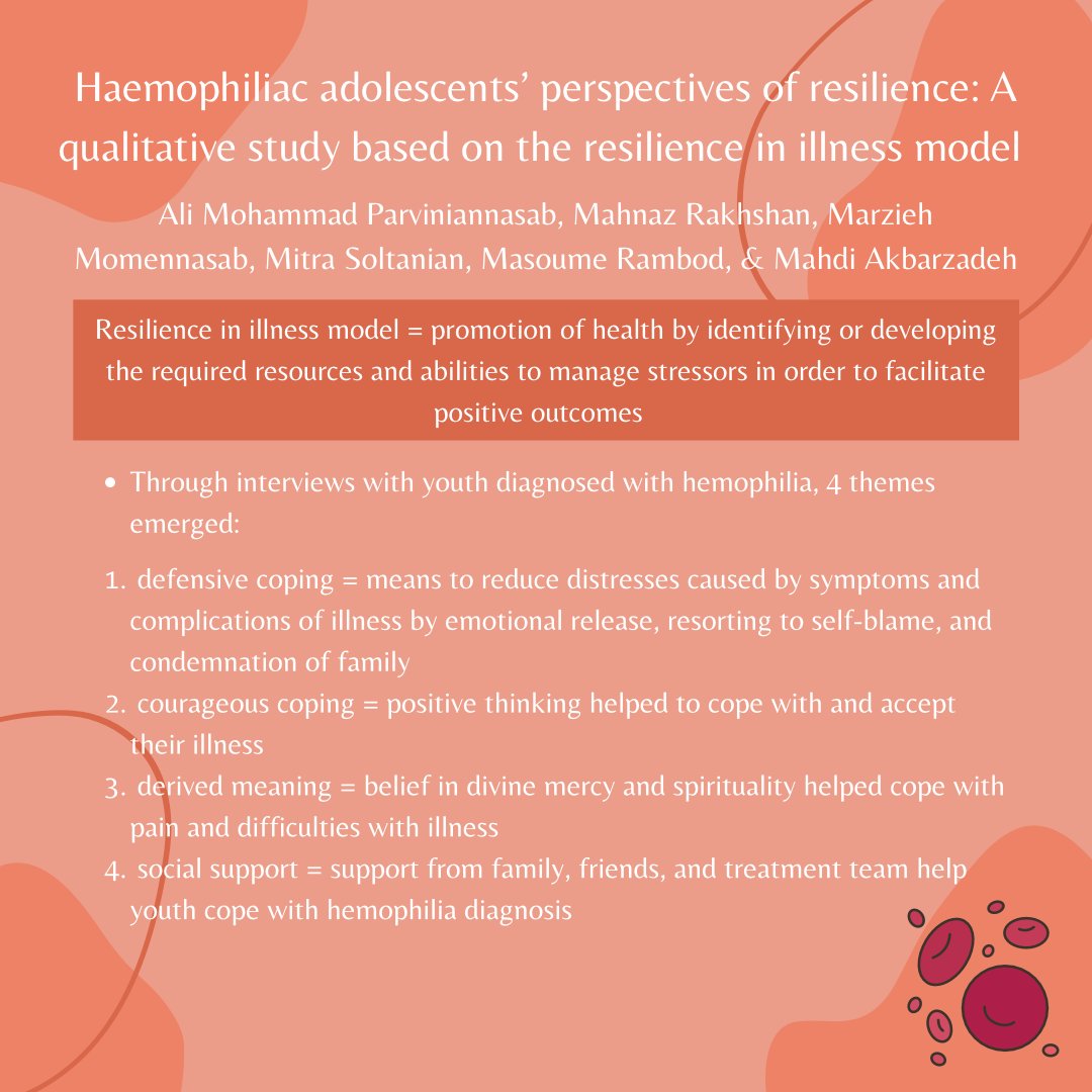 Today is #WorldHemophiliaDay! This article investigates the perspectives of #adolescents with #hemophilia. The study found that youth utilize #courageous coping, derived meaning, and #social support to bolster #resilience <a href="/DrWekerle/">Dr.Christine Wekerle</a>  

Visit the link: 10.1177/1359104519890905