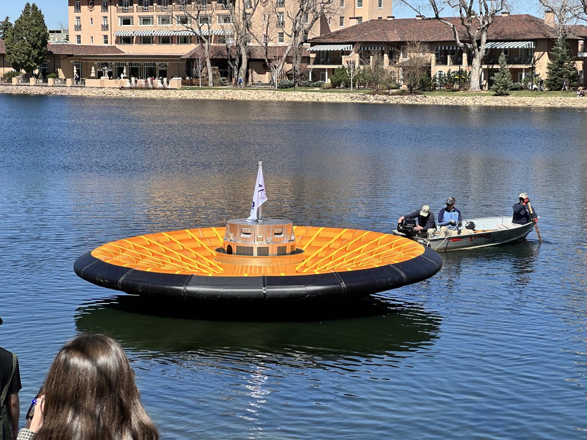 torybruno's tweet photo. “UFO” was a good guess, but this is actually the revolutionary LOFTID inflatable hypersonic heat shield demo. (No, the outboard skiff is not a new ultra low cost commercial recovery concept. We’ll stick with the ship and crane conops)… ;) https://t.co/XGff2e3lws