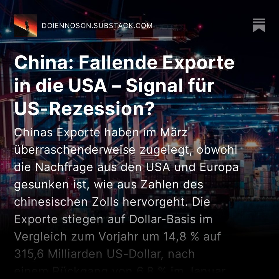 #China  sucht neue Absatzmärkte, während #Exporte in die #USA  und #EU sinken - ein Zeichen für das De-Coupling zwischen den beiden Ländern? 
Chinesische Exporte steigen nur um 0.5% in Q1
#ChinaExports #USAEuropeTrade'

doiennoson.substack.com/p/china-fallen…